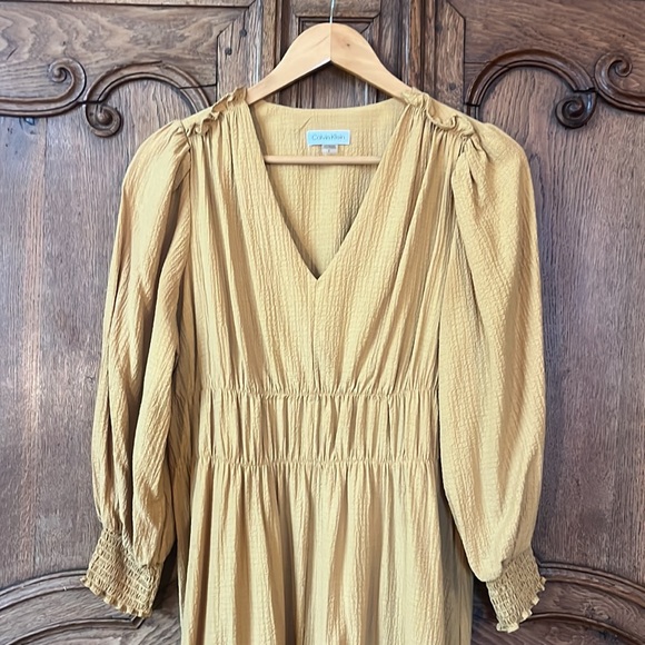 Calvin Klein V Neck Dress Midi Ochre Peasant Women's size 8 - Picture 4 of 12